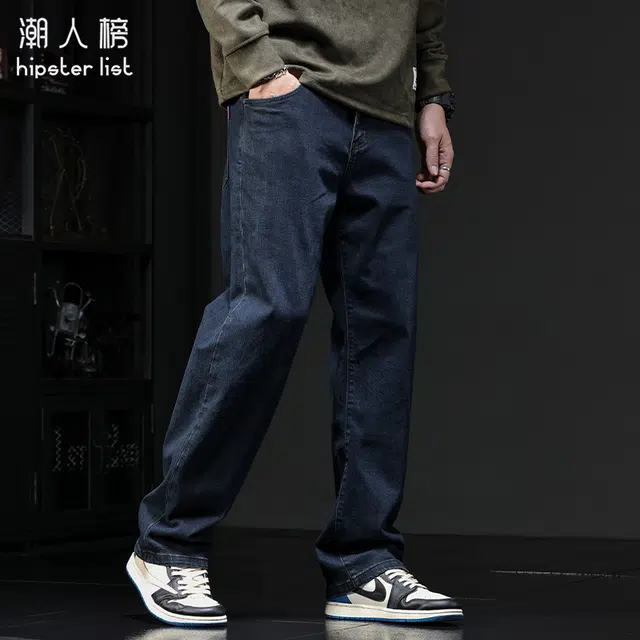 潮人榜 潮人榜秋季窄版直筒裤男士宽松阔腿潮流潮牌垂感弹力休闲长裤原色牛仔裤 男款