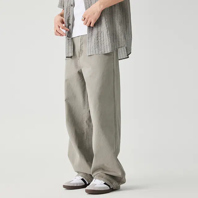 潮人榜 美式复古春秋款直筒拖地裤男士宽松纯棉垂感阔腿简约休闲裤 男女同款