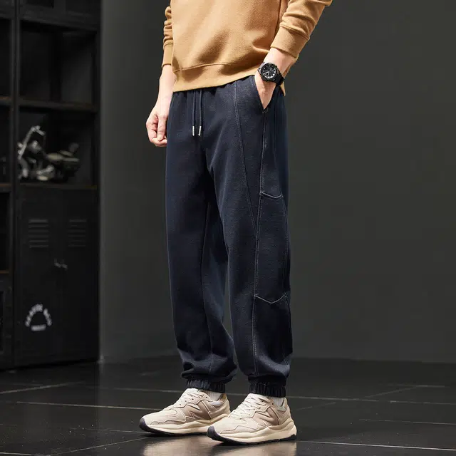 潮人榜 美式复古拼接针织牛仔裤男款春秋款宽松弹力束脚哈伦工装长裤休闲裤 男女同款