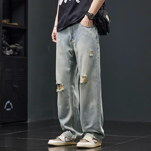 潮人榜 美式复古破洞莱赛尔休闲裤男士宽松直筒夏季潮牌阔腿裤子牛仔 男女同款