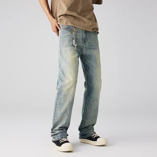 潮人榜 美式高街复古水洗磨白休闲长裤男士宽松弹力窄版直筒牛仔裤 男女同款