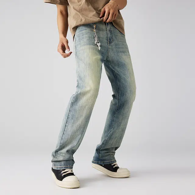 潮人榜 美式高街复古水洗磨白休闲长裤男士宽松弹力窄版直筒牛仔裤 男女同款
