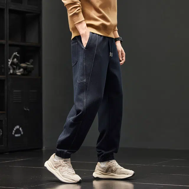潮人榜 美式复古拼接针织牛仔裤男款春秋款宽松弹力束脚哈伦工装长裤休闲裤 男女同款
