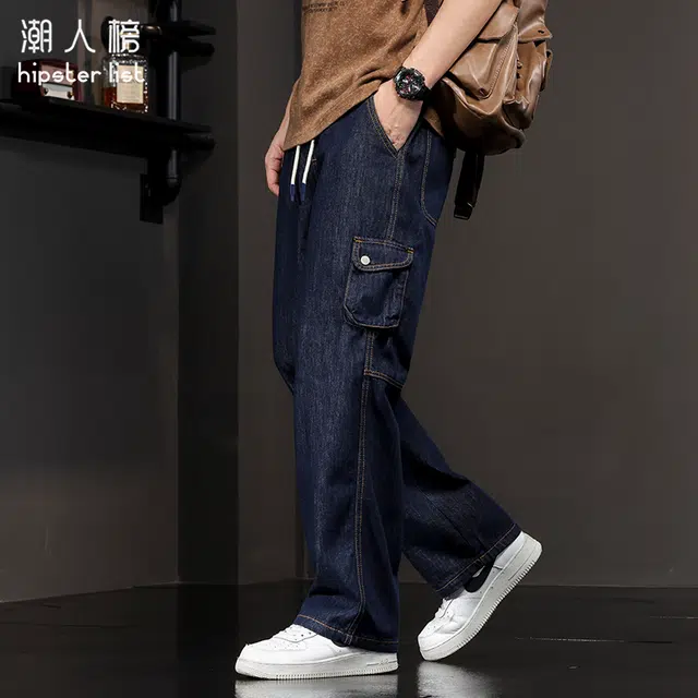 潮人榜 美式工装裤男款秋季宽松直筒男士裤子潮牌拼接垂感阔腿休闲裤牛仔裤 男女同款