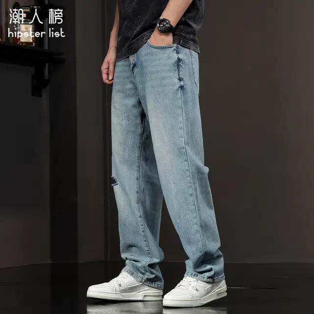 潮人榜 美式复古破洞裤宽松直筒潮牌阔腿休闲裤牛仔裤 男女同款