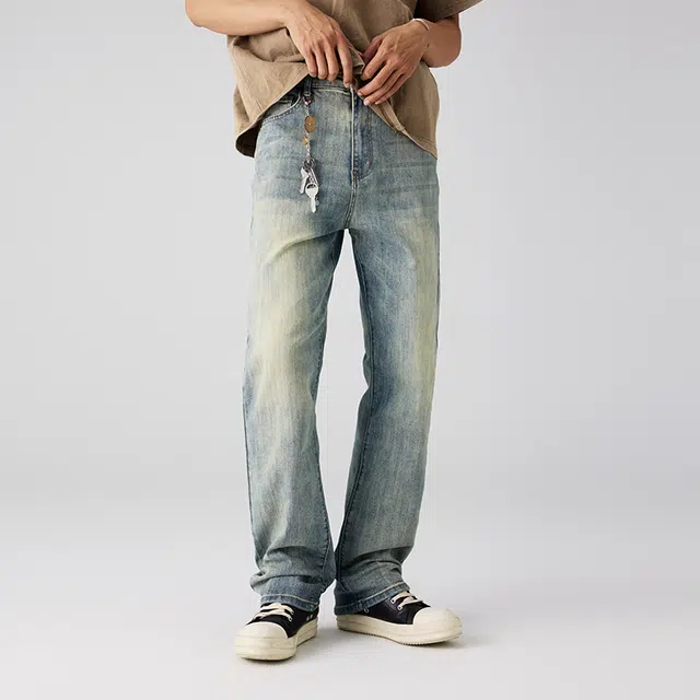 潮人榜 美式高街复古水洗磨白休闲长裤男士宽松弹力窄版直筒牛仔裤 男女同款