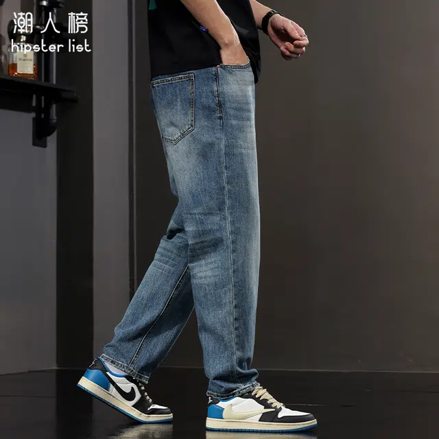 潮人榜 美式潮牌复古水洗直筒裤男款夏季宽松阔腿休闲裤男士牛仔裤 男女同款