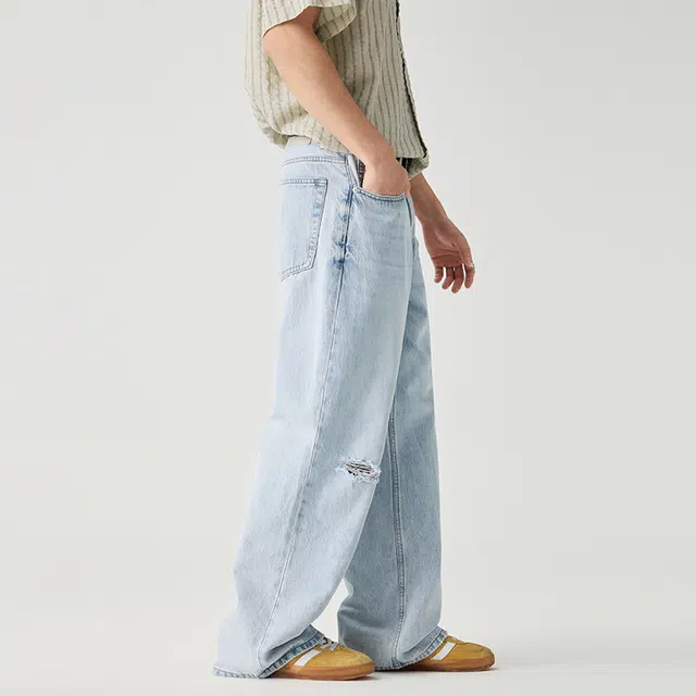 潮人榜 美式复古水洗直筒拖地休闲长裤男士宽松阔腿夏季薄款破洞微喇牛仔裤 男女同款
