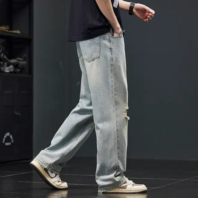 潮人榜 美式复古破洞莱赛尔休闲裤男士宽松直筒夏季潮牌阔腿裤子牛仔 男女同款