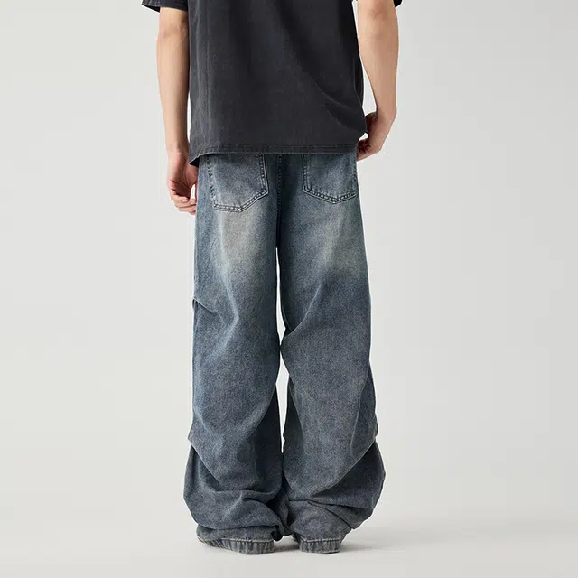 潮人榜 美式复古做旧水洗大口袋直筒垂感长裤个性拼接褶皱设计工装风牛仔裤 男女同款
