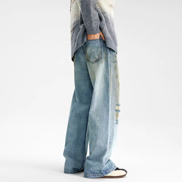 潮人榜 美式复古水洗做脏微喇裤男士宽松直筒休闲阔腿破洞牛仔裤 男女同款