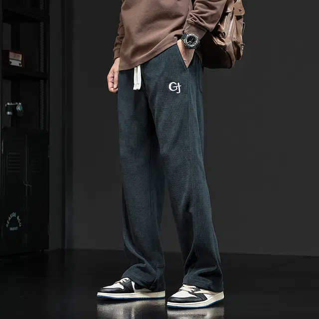 潮人榜 复古重磅百搭直筒字母刺绣卫裤男士裤子春秋季宽松阔腿休闲裤 男女同款