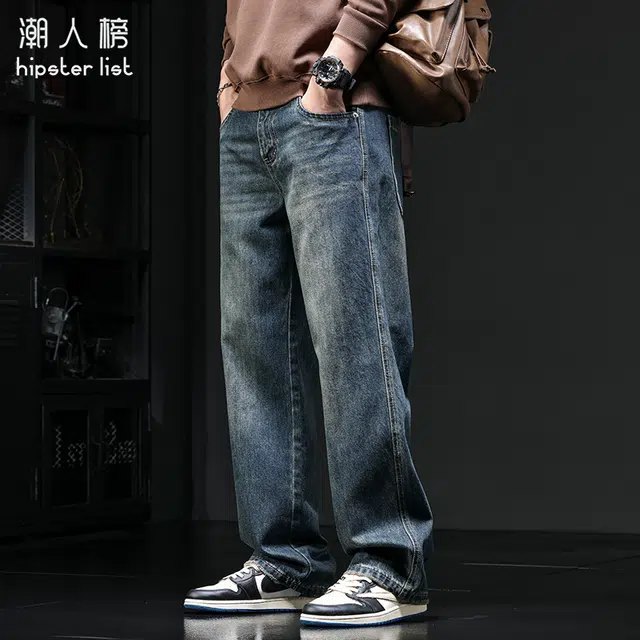 潮人榜 美式复古重磅休闲长裤男士宽松直筒春秋季垂感阔腿裤半松紧腰牛仔裤 男款