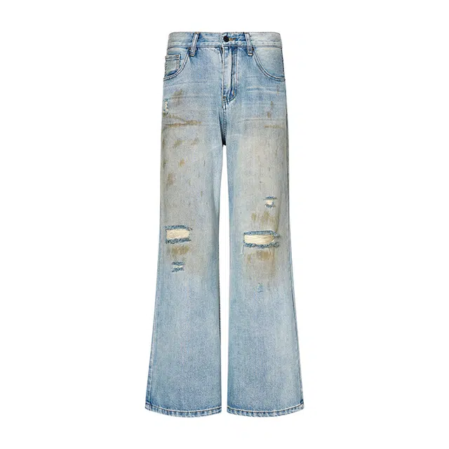 潮人榜 美式复古水洗做脏微喇裤男士宽松直筒休闲阔腿破洞牛仔裤 男女同款