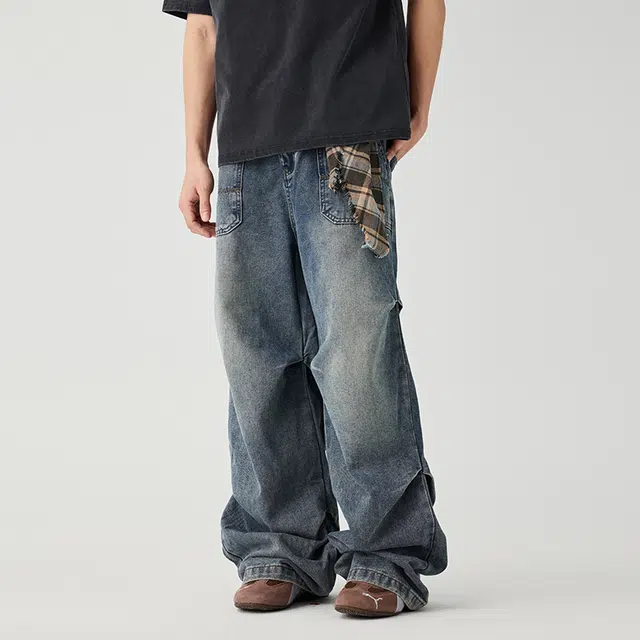 潮人榜 美式复古做旧水洗大口袋直筒垂感长裤个性拼接褶皱设计工装风牛仔裤 男女同款