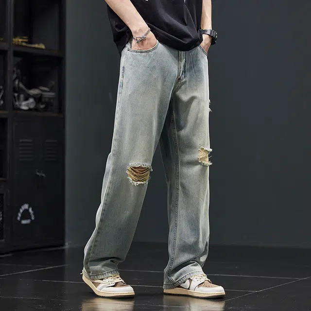 潮人榜 美式复古破洞莱赛尔休闲裤男士宽松直筒夏季潮牌阔腿裤子牛仔 男女同款