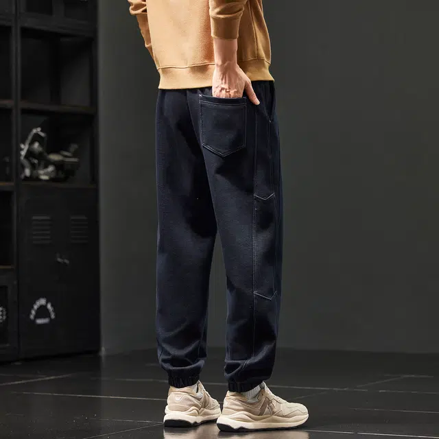 潮人榜 美式复古拼接针织牛仔裤男款春秋款宽松弹力束脚哈伦工装长裤休闲裤 男女同款