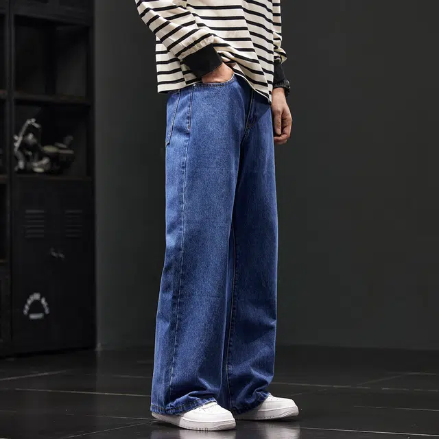 潮人榜 美式复古重磅微喇裤男女同款春秋款纯棉休闲宽松直筒阔腿长裤牛仔裤 男女同款