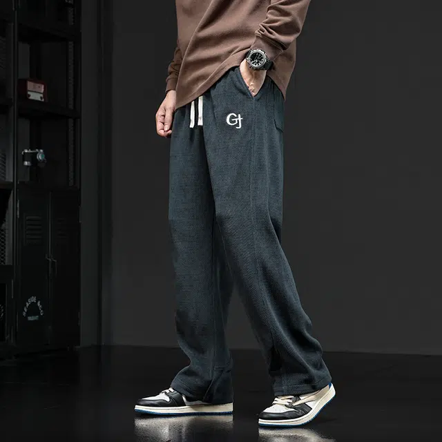 潮人榜 复古重磅百搭直筒字母刺绣卫裤男士裤子春秋季宽松阔腿休闲裤 男女同款