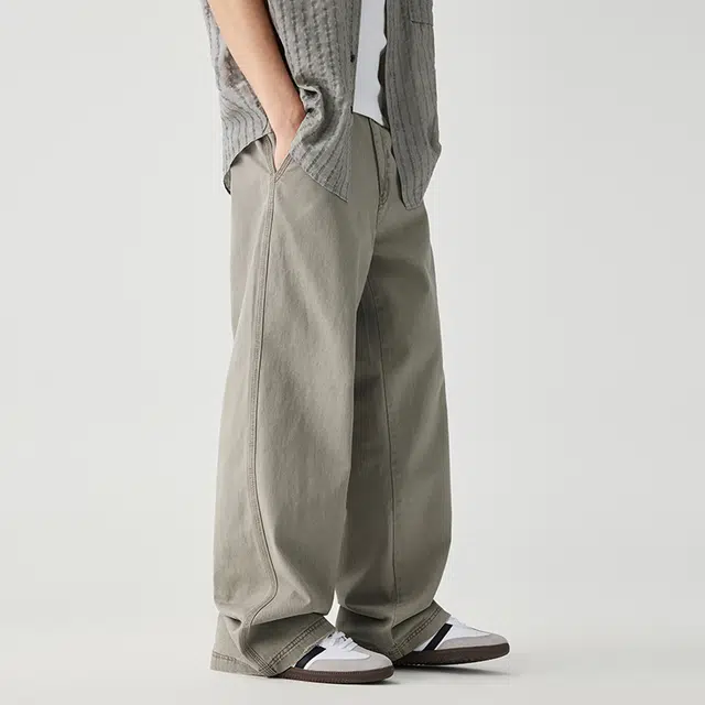 潮人榜 美式复古春秋款直筒拖地裤男士宽松纯棉垂感阔腿简约休闲裤 男女同款
