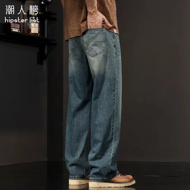 潮人榜 美式直筒裤宽松阔腿裤高端复古水洗休闲裤子牛仔裤 男女同款