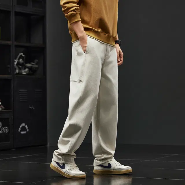 潮人榜 美式复古重磅设计感工装裤男款秋冬厚款宽松直筒阔腿纯棉休闲裤 男女同款