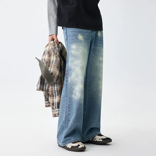 潮人榜 美式复古乞丐裤男士宽松直筒夏季垂感长裤不规则撕裂破洞牛仔裤 男女同款