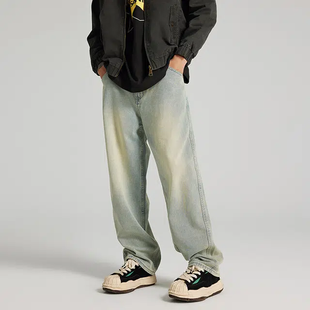潮人榜 美式复古高街休闲长裤男士宽松五袋款简约窄版直筒牛仔裤 男女同款