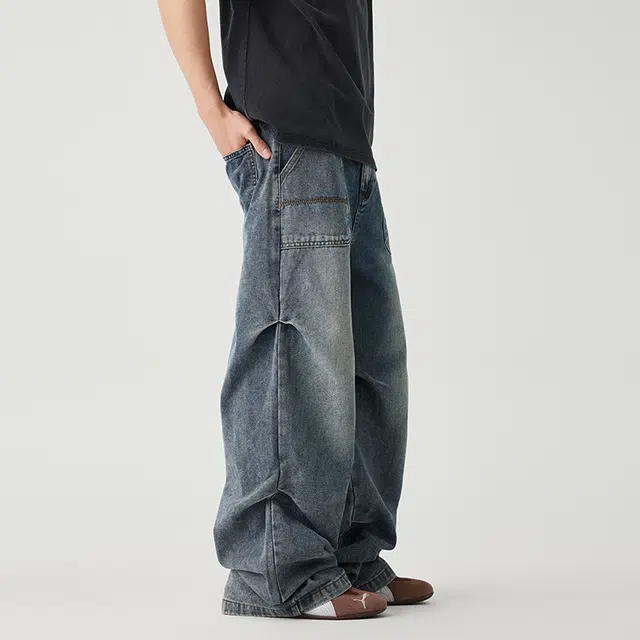 潮人榜 美式复古做旧水洗大口袋直筒垂感长裤个性拼接褶皱设计工装风牛仔裤 男女同款