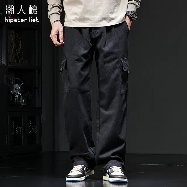 潮人榜 潮人榜美式拼接工装裤男秋季高街时尚潮牌黑裤直筒宽松阔腿裤牛仔裤 男款