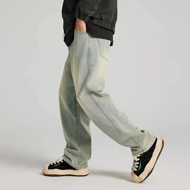 潮人榜 美式复古高街休闲长裤男士宽松五袋款简约窄版直筒牛仔裤 男女同款