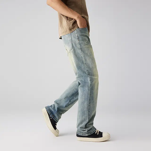 潮人榜 美式高街复古水洗磨白休闲长裤男士宽松弹力窄版直筒牛仔裤 男女同款