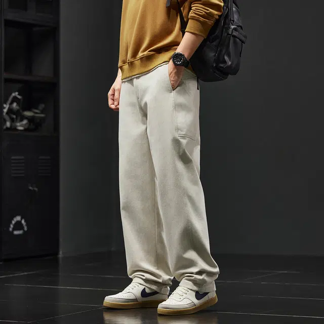 潮人榜 美式复古重磅设计感工装裤男款秋冬厚款宽松直筒阔腿纯棉休闲裤 男女同款
