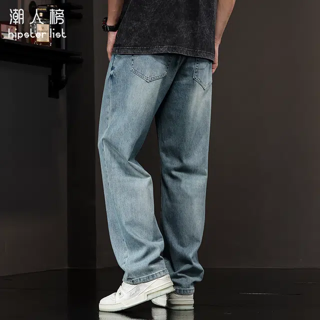 潮人榜 美式复古破洞裤宽松直筒潮牌阔腿休闲裤牛仔裤 男女同款