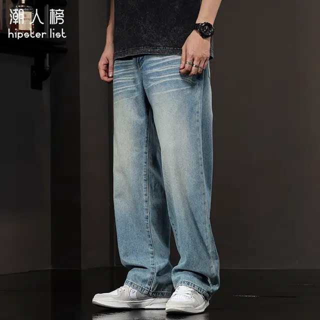 潮人榜 美式复古直筒裤春秋宽松潮牌垂感阔腿休闲裤子牛仔裤 男女同款