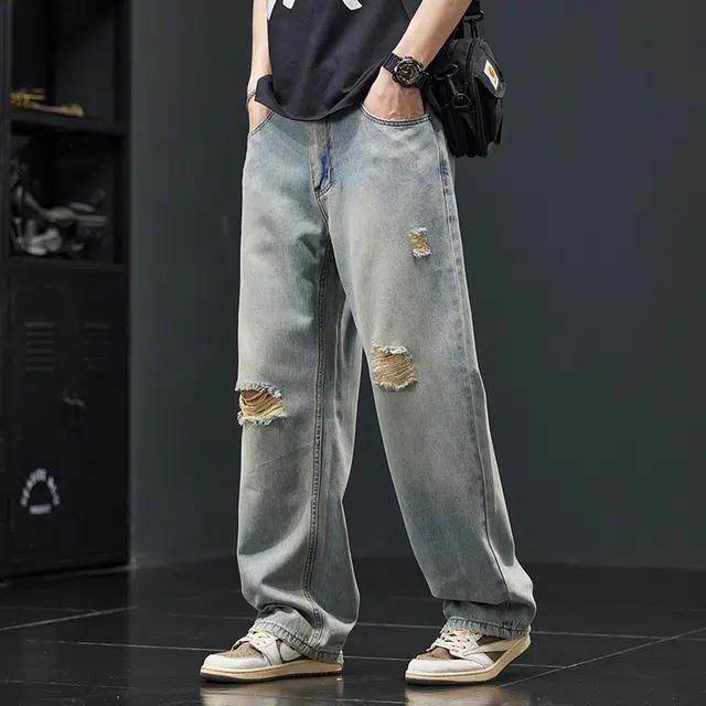 潮人榜 美式复古破洞莱赛尔休闲裤男士宽松直筒夏季潮牌阔腿裤子牛仔 男女同款