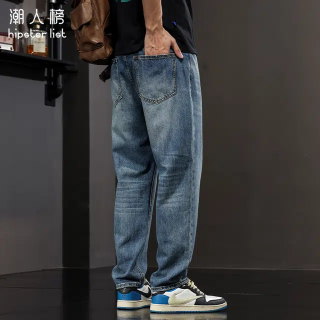 潮人榜 美式复古直筒裤男款春秋款宽松男士潮流帅气阔腿休闲长裤牛仔裤 男女同款