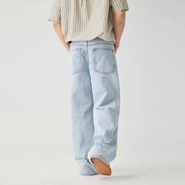潮人榜 美式复古水洗直筒拖地休闲长裤男士宽松阔腿夏季薄款破洞微喇牛仔裤 男女同款