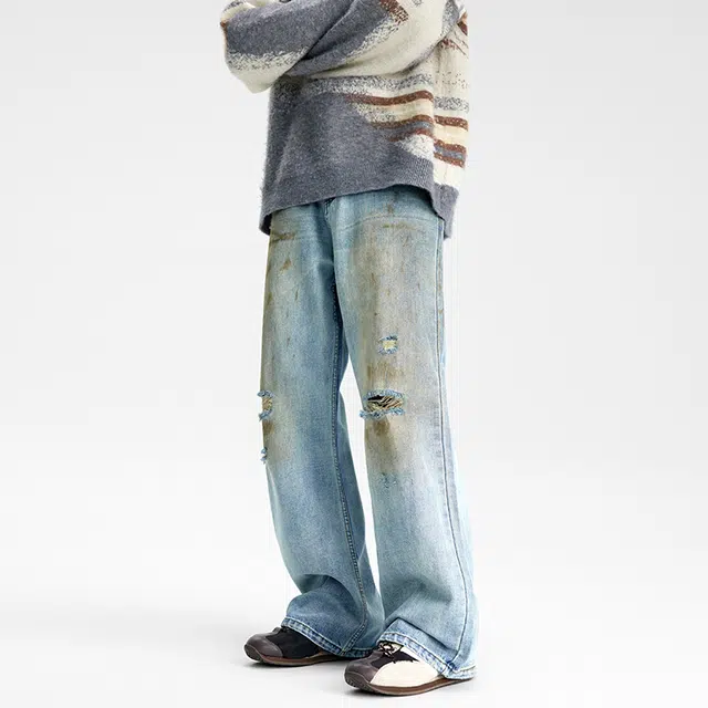 潮人榜 美式复古水洗做脏微喇裤男士宽松直筒休闲阔腿破洞牛仔裤 男女同款
