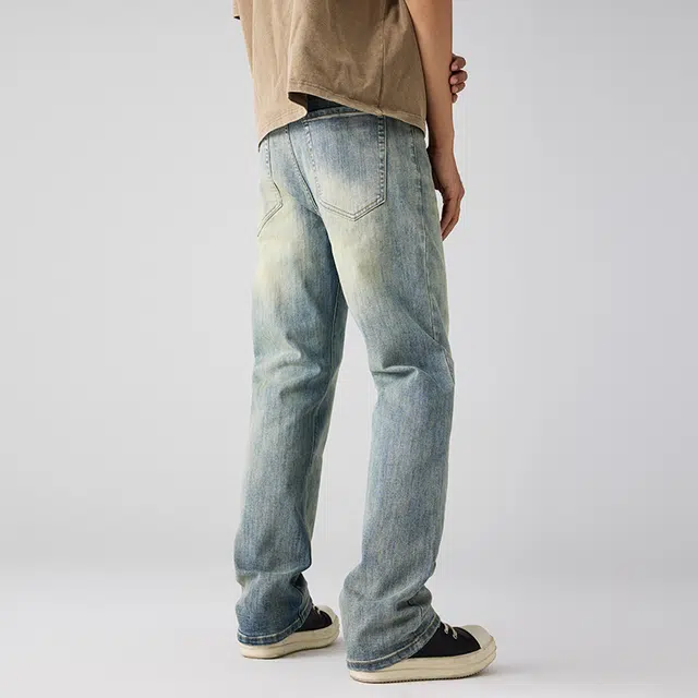 潮人榜 美式高街复古水洗磨白休闲长裤男士宽松弹力窄版直筒牛仔裤 男女同款