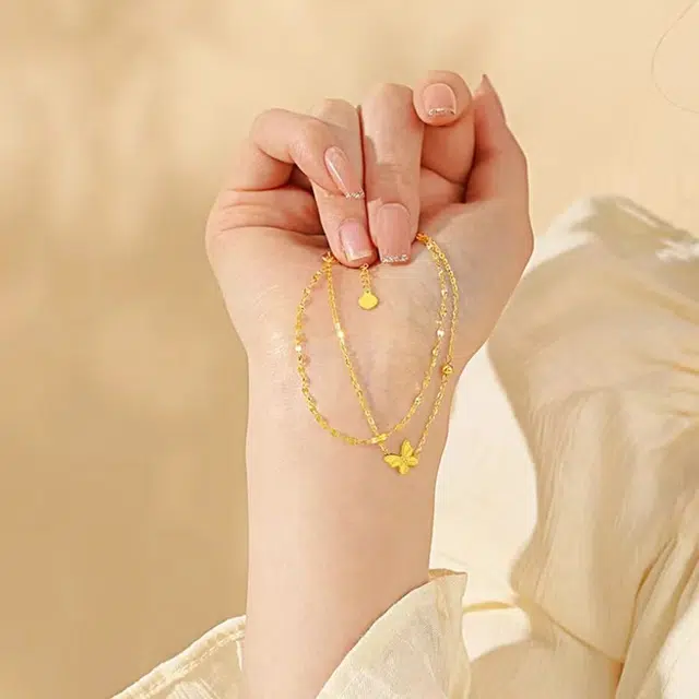 弗风树 少女心梦幻精致轻奢贵气欧美风高级感黄金蝴蝶双层温柔淑女风甜美风氛围感首饰 足金 一口价 手链 女款
