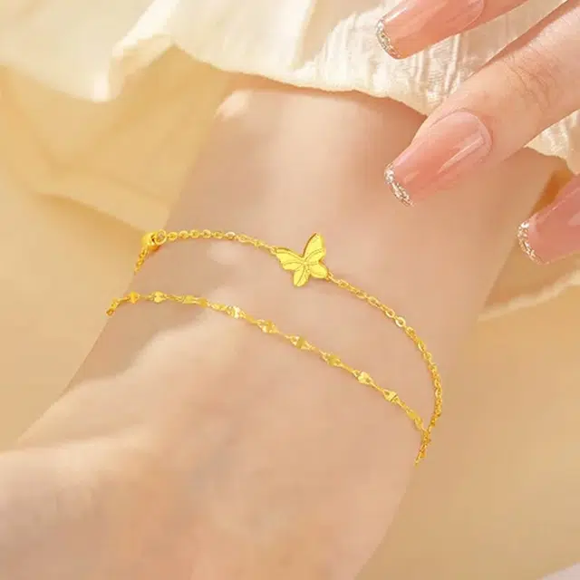 弗风树 少女心梦幻精致轻奢贵气欧美风高级感黄金蝴蝶双层温柔淑女风甜美风氛围感首饰 足金 一口价 手链 女款