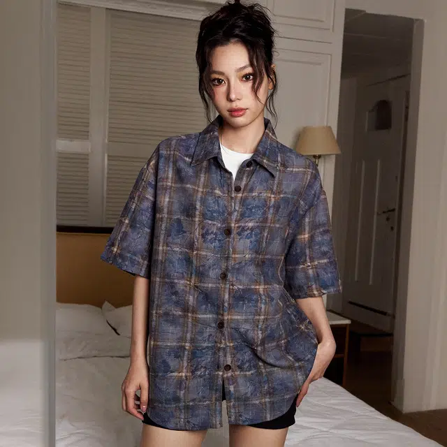 佐贝卡 宽松油画扎染褶皱感休闲格子短袖衬衫 女款 蓝咖