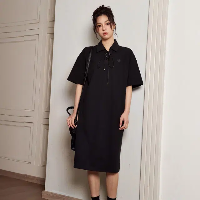 佐贝卡 美式复古拼色字母刺绣短袖连衣裙 女款 黑色