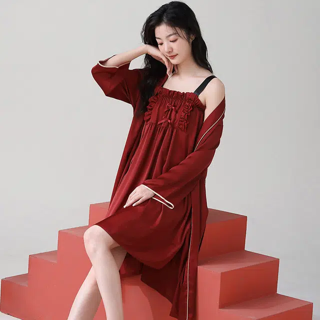 可人儿 高级简约吊带裙外套上衣睡裙 女款 红色