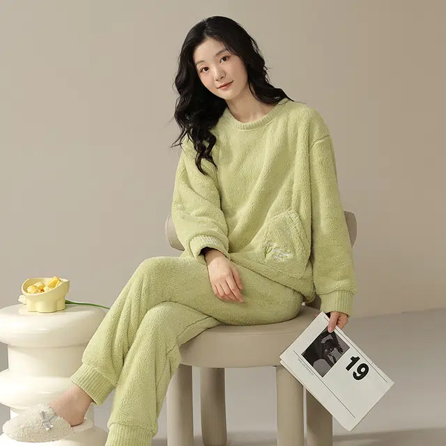 可人儿 郁金香系列 珊瑚绒睡衣睡裤 加绒加厚 甜美简约可外穿家居套装 冬季 女款绿色