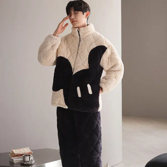 可人儿 珊瑚绒三层夹棉睡衣睡裤 加绒加厚保暖 卡通简约可外穿家居套装 秋冬季男款米色