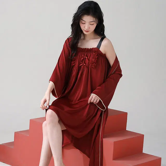 可人儿 高级简约吊带裙外套上衣睡裙 女款 红色