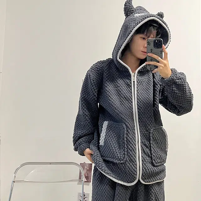 可人儿 小恶魔华夫格 珊瑚绒睡衣睡裤 加绒加厚 卡通连帽拉链款简约可外穿 家居套装 冬季 男款 深灰色