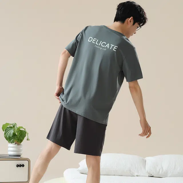 可人儿 字母圆领套头简约休闲短袖短裤睡衣套装 男款 灰蓝色